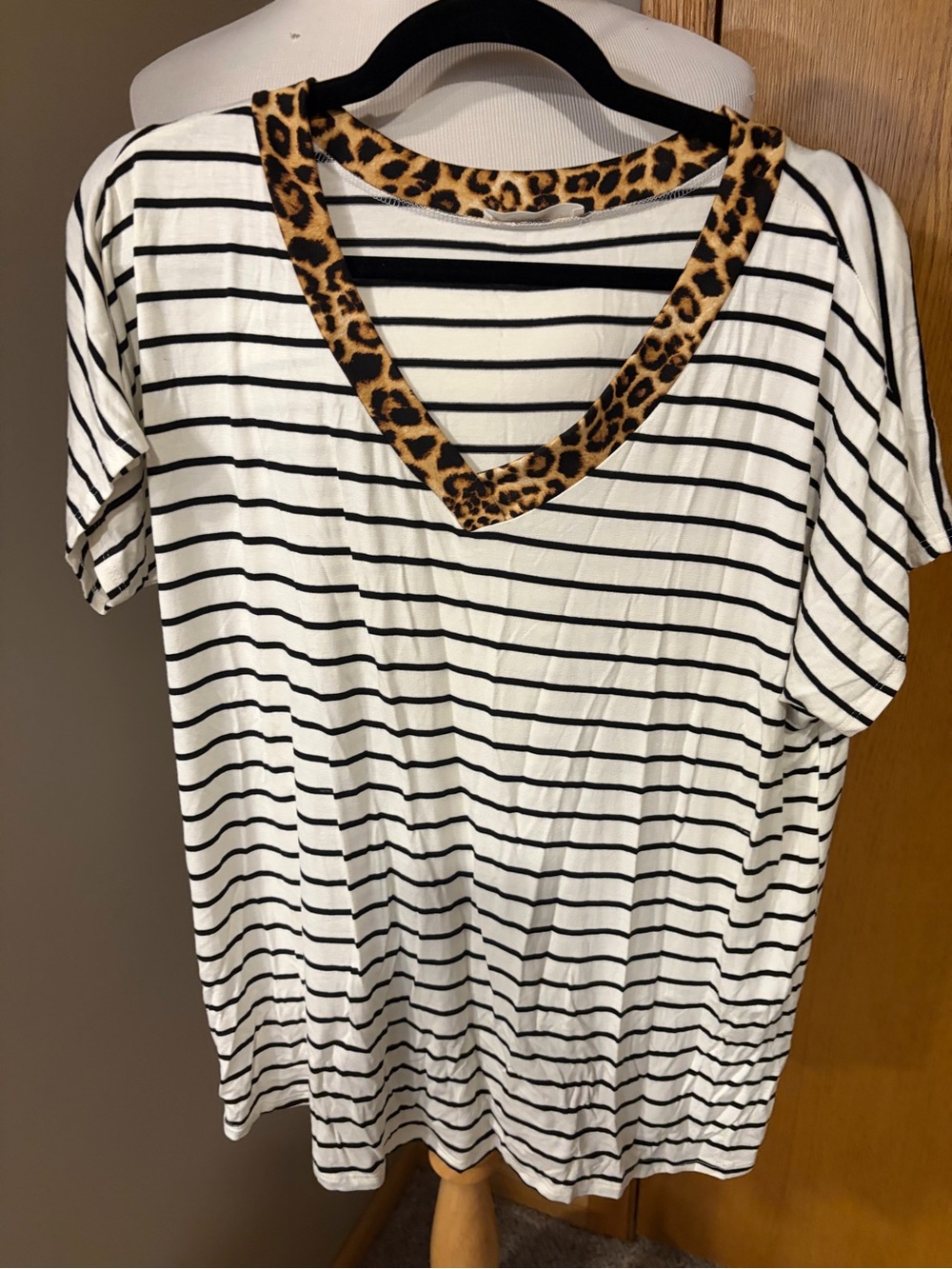 Leopard Trim Black & White Striped V-Neck Women's Top